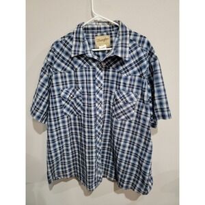 Wrangler Men's 3XL pearl snap Short Sleeve Blue Plaid Western shirt